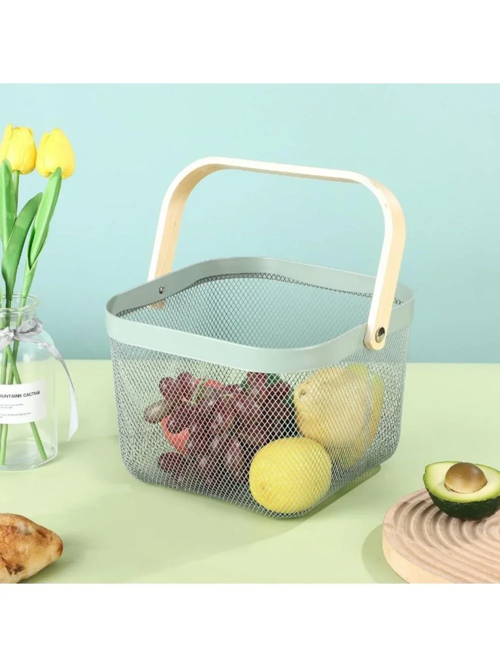 Multi-Functional Metal Mesh Storage Basket with Bamboo Handle - Mint Green